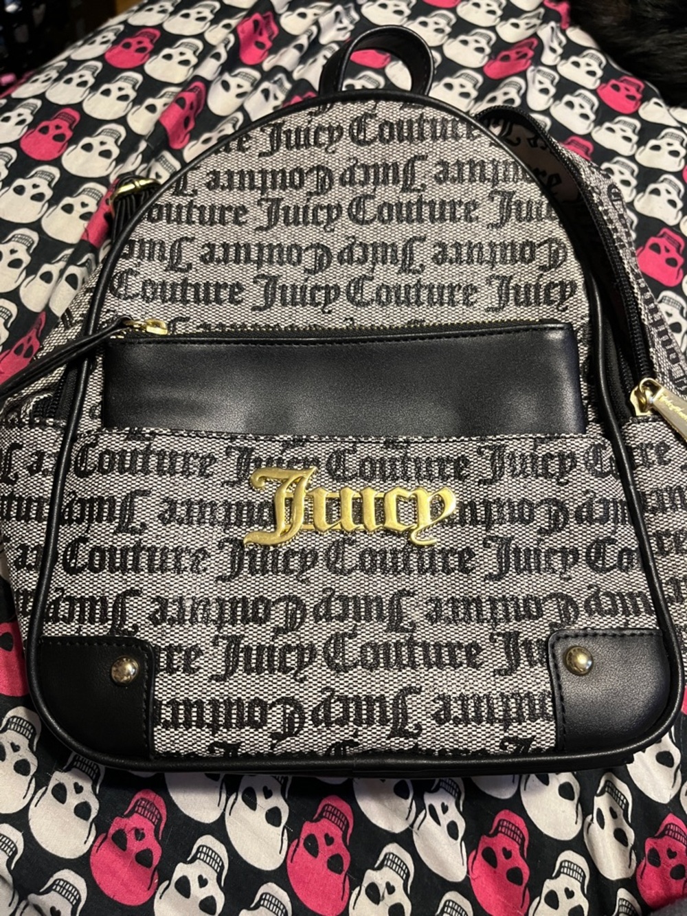 Juicy Couture Black & White Logo Mini Backpack with Gold Hardware